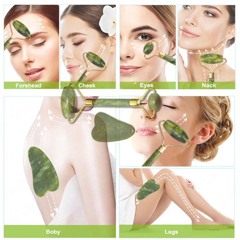 SET MASAJEADOR DE JADE 2 EN 1 - RODILLO + GUA SHA